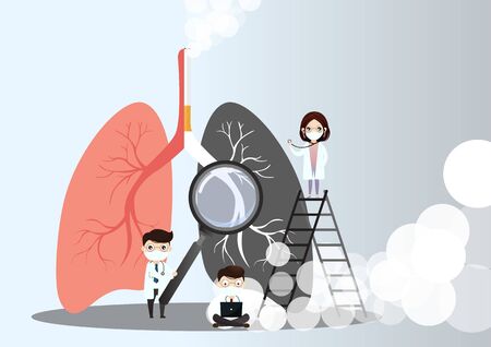 Miniature doctors study and treat large human lungs. Vector concept of medical pulmonological care one sided normal lung and the other side with the smokers lung in dark color.vector, illustration.のイラスト素材
