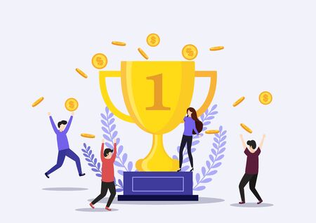 Team Success vector concept. Business people celebrating victory. Businessman holding gold cup. Flat Vector illustration. Businessman and businesswoman happy in office. vector, illustrationのイラスト素材