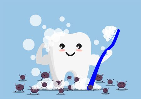 Happy tooth icon. Cute tooth characters. To brush your teeth with toothpaste. Dental personage vector illustration. Illustration for children dentistry. Oral hygiene, teeth cleaning.のイラスト素材