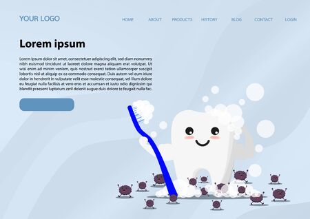 Happy tooth icon. Cute tooth characters. To brush your teeth with toothpaste. Dental personage vector illustration. Illustration for children dentistry. Oral hygiene, teeth cleaning.のイラスト素材