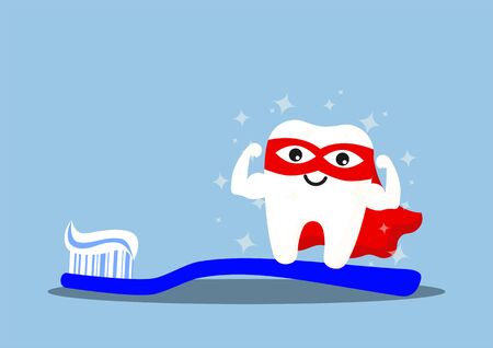 Happy tooth icon. Cute tooth characters. To brush your teeth with toothpaste. Dental personage vector illustration. Illustration for children dentistry. Oral hygiene, teeth cleaning.のイラスト素材