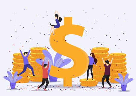 Vector illustration of happy business team celebrates success standing. Young man and woman hands raised high and catches bills.のイラスト素材