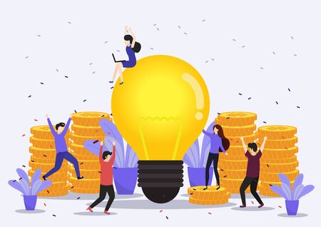 Teamwork on finding new ideas, little people launch a mechanism, search for new solutions, creative work, vector, illustration.のイラスト素材