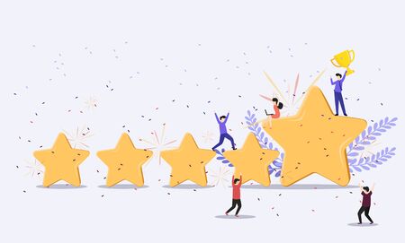 Customer review rating. Different People give review rating and feedback. Flat vector illustration. Customer choice. Know your client concept. Rank rating stars feedback. Business satisfaction supportのイラスト素材
