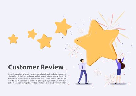Customer review rating. Different People give review rating and feedback. Flat vector illustration. Customer choice. Know your client concept. Rank rating stars feedback. Business satisfaction supportのイラスト素材