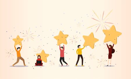 Customer review rating. Different People give review rating and feedback. Flat vector illustration. Customer choice. Know your client concept. Rank rating stars feedback. Business satisfaction supportのイラスト素材