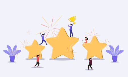 Customer review rating. Different People give review rating and feedback. Flat vector illustration. Customer choice. Know your client concept. Rank rating stars feedback. Business satisfaction supportのイラスト素材