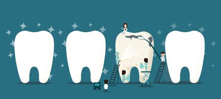 Group of small dentists are caring for a large tooth. Dental personage vector illustration. Illustration for children dentistry. Oral hygiene, teeth cleaning.のイラスト素材