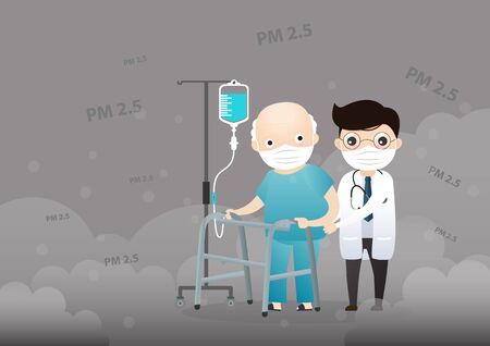 Old man and doctor cough with dirty lung because PM2.5 air poll. Old man and doctor wearing air pollution mask for protect dust PM2.5. smoke, smog, respiratory, environment, health, breath. Cartoon, Vector, illustrationのイラスト素材