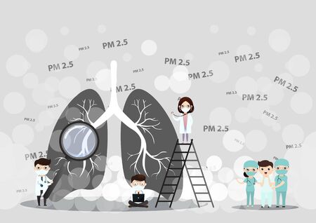 Man cough with dirty lung because PM2.5 air poll. Man wearing air pollution mask for protect dust PM2.5. smoke, smog, respiratory, environment, health, breath. Cartoon, Vector, illustration

のイラスト素材