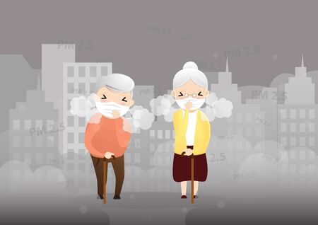 Old man cough with dirty lung because air pollution PM2.5 air poll.  smoke, smog, respiratory, environment, health, breath. Cartoon, Vector, illustration

のイラスト素材