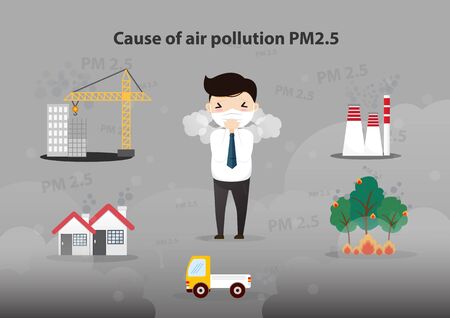 Cause of air pollution PM2.5 Infographic. smoke, smog, respiratory, environment, health, breath. Cartoon, Vector, illustrationのイラスト素材