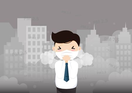Man cough with dirty lung because air pollution PM2.5 air poll.  smoke, smog, respiratory, environment, health, breath. Cartoon, Vector, illustrationのイラスト素材