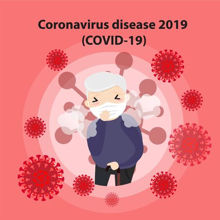 Concept of the threat of spreading coronavirus infection coronavirus disease (COVID-19). Portrait of senior man protected her face by veil during coronavirus pandemicのイラスト素材