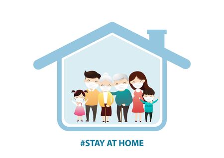 Fears of getting coronavirus. Global viral epidemic or pandemic. Stay home during the coronavirus epidemic. Family staying at home in self quarantine, protection from virusのイラスト素材