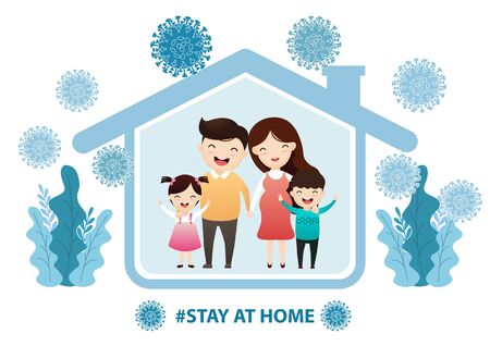 Fears of getting coronavirus. Global viral epidemic or pandemic. Stay home during the coronavirus epidemic. Family staying at home in self quarantine, protection from virusのイラスト素材