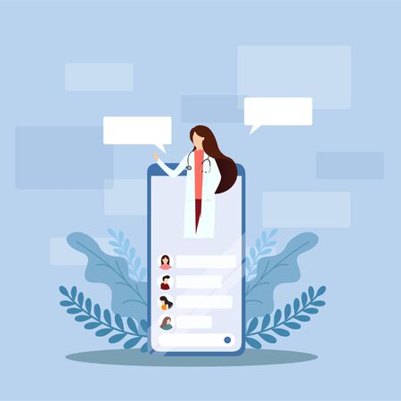 Mobile doctor. Smiling doctor on the phone screen. Medical internet consultation. Healthcare consulting web service. Hospital support online. Vector, illustration, esp, Flat Design.のイラスト素材