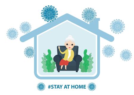 Fears of getting coronavirus. Global viral epidemic or pandemic. Stay home during the coronavirus epidemic. Senior staying at home in self quarantine, protection from virus. Vector, illustration, ,flat style, esp.のイラスト素材