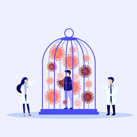Medical workers in protective uniform and coronavirus in cage. Locked virus pathogen in cage.Victory over the viral infection. Vector, illustration,のイラスト素材
