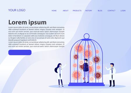 Medical workers in protective uniform and coronavirus in cage. Locked virus pathogen in cage.Victory over the viral infection. Vector, illustration,のイラスト素材