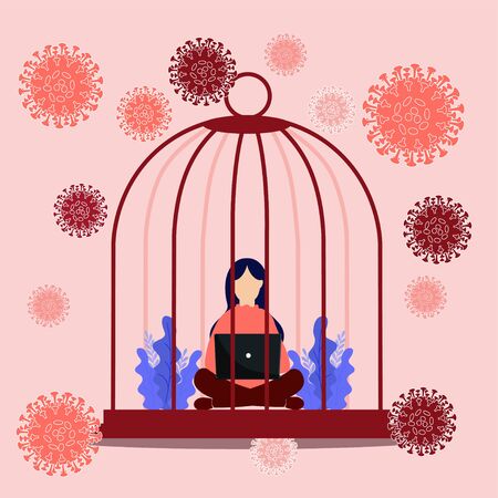 Social distancing self quarantine and isolation for traveller or person having symptoms on COVID-19 coronavirus flu.work online from home the coronavirus epidemic. Work at home during isolation.  Vector, illustration, flat design,のイラスト素材