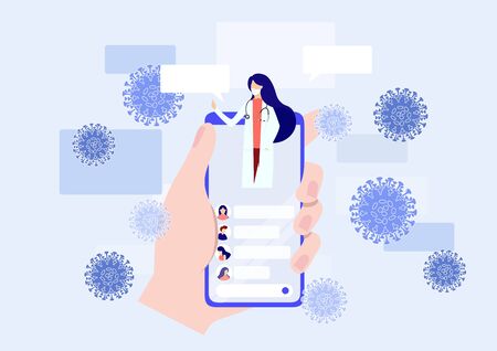 Online doctor consultation via your smartphone concept. Doctor online landing page vector. coronavirus, covid19, Disease. Vector,のイラスト素材