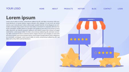 Feedback concept. Customer review rating online shopping. Online store app reputation. Shopping online ranking with a star. Vector, illustration, EPS, flat.のイラスト素材