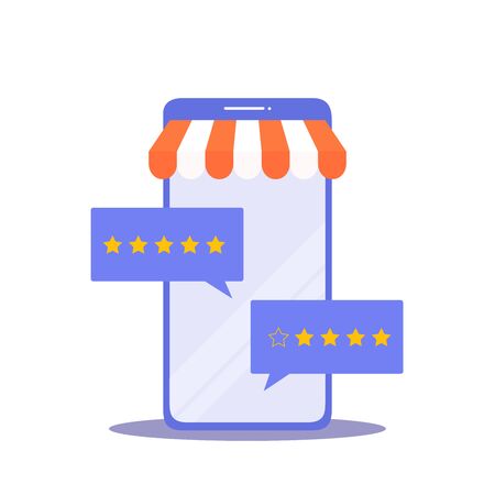 Feedback concept. Customer review rating online shopping. Online store app reputation. Shopping online ranking with a star. Vector, illustration, EPS, flat.のイラスト素材