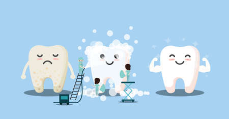 Group of small dentists are caring for a large tooth. Dental personage vector illustration. Illustration for children dentistry. Oral hygiene, teeth cleaning.のイラスト素材