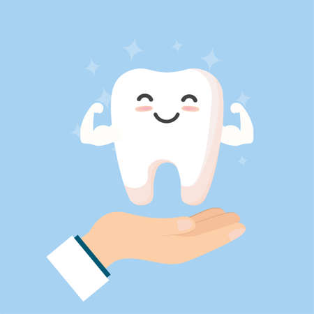 Tooth cleaning. Teeth characters before and after whitening. Cartoon tooth before and after cleaning or whitening or dental procedures. Vector, illustration,  flat design, cartoonのイラスト素材
