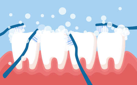 Tooth cleaning. Teeth characters before and after whitening. Cartoon tooth before and after cleaning or whitening or dental procedures. Vector, illustration, flat design, cartoonのイラスト素材