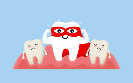 Tooth cleaning. Teeth characters before and after whitening. Cartoon tooth before and after cleaning or whitening or dental procedures. Vector, illustration, eps, flat design, cartoonのイラスト素材