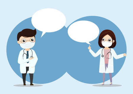 Doctor wearing medical mask with bubble text.Practitioner young doctor in hospital. Consultation and diagnosis. Vector, illustration, Flat style.のイラスト素材