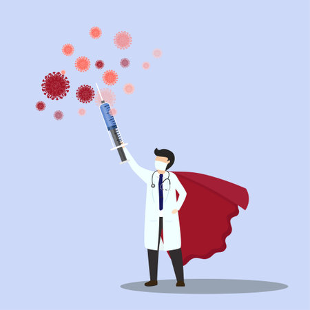 Doctor is a hero. Doctor with hypodermic syringe fighting virus. Hero doctor fighting virus symptoms. illustration, vector, flat design.のイラスト素材