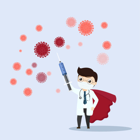 Doctor is a hero. Doctor with hypodermic syringe fighting virus. Hero doctor fighting virus symptoms. illustration, vector, flat design.のイラスト素材