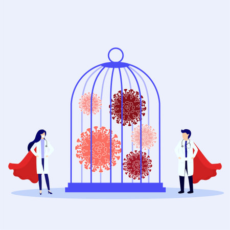 Doctor is a hero. Doctor with hypodermic syringe fighting COVID-19 virus.Hero doctor fighting corona virus symptoms. illustration, vector, flat design.のイラスト素材