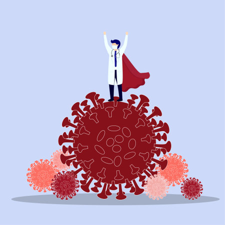 Doctor is a hero. Doctor hero in a mask and a red cloak standing on the protection against viruses. . COVID-19 outbreak medical staff.illustration, vector, flat design.のイラスト素材