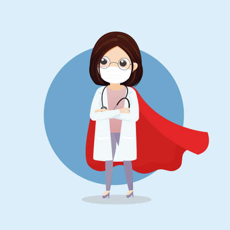 Doctor is a hero. Doctor hero in a mask and a red cloak. COVID-19 outbreak medical staff.のイラスト素材