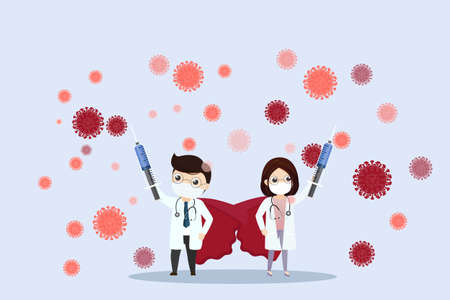Doctor is a hero. Doctor with hypodermic syringe fighting COVID-19 virus.Hero doctor fighting corona virus symptoms.のイラスト素材