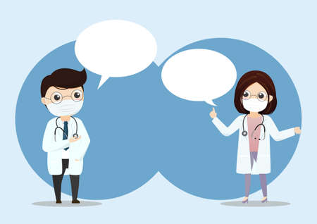 Doctor wearing medical mask with bubble text.Practitioner young doctor in hospital. Consultation and diagnosis.のイラスト素材