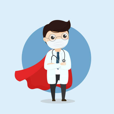 Doctor is a hero. Doctor hero in a mask and a red cloak. COVID-19 outbreak medical staff.のイラスト素材