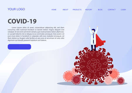 Doctor is a hero. Doctor hero in a mask and a red cloak standing on the protection against viruses. . COVID-19 outbreak medical staff.のイラスト素材