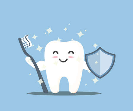Happy tooth icon. Cute tooth characters. To brush your teeth with toothpaste. Dental personage vector illustration. Illustration for children dentistry. Oral hygiene, teeth cleaning.のイラスト素材