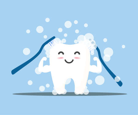 Tooth cleaning. Happy smiling tooth character. Brushing with toothbrush and toothpaste. Vector, illustration, eps, flat design, cartoonのイラスト素材