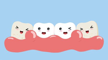 Periodontitis or gum disease with bleeding. Cute cartoon tooth character with gum problem. Vector, illustration, eps, flat design, cartoonのイラスト素材