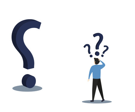 Businessman with question mark sign.Man confused thinking with sign illustration. Answer to question metaphor. Character, vector, illustration.のイラスト素材