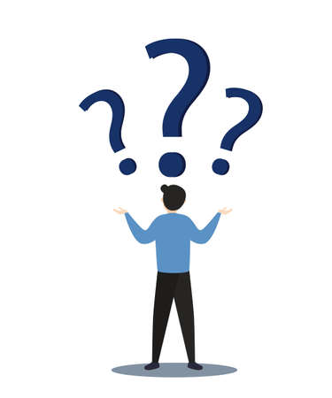 Businessman with question mark sign.Man confused thinking with sign illustration. Answer to question metaphor. Character, vector, illustration.のイラスト素材