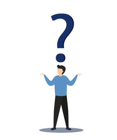 Businessman with question mark sign.Man confused thinking with sign illustration. Answer to question metaphor. Character, vector, illustration.のイラスト素材