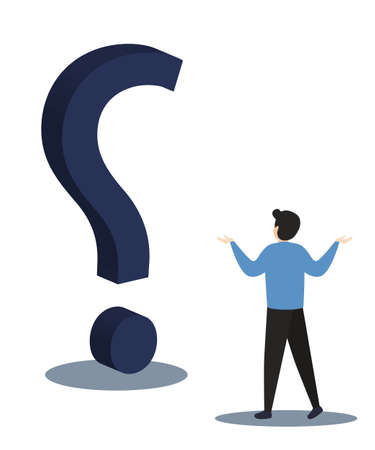 Businessman with question mark sign.Man confused thinking with sign illustration. Answer to question metaphor. Character, vector, illustration.のイラスト素材