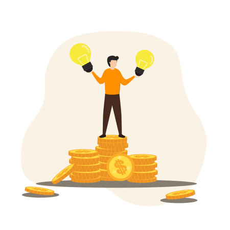 Businessman and businesswoman with a light bulb and a stack of coins.Man and woman holding glowing electric light bulb.Vector, illustration.のイラスト素材